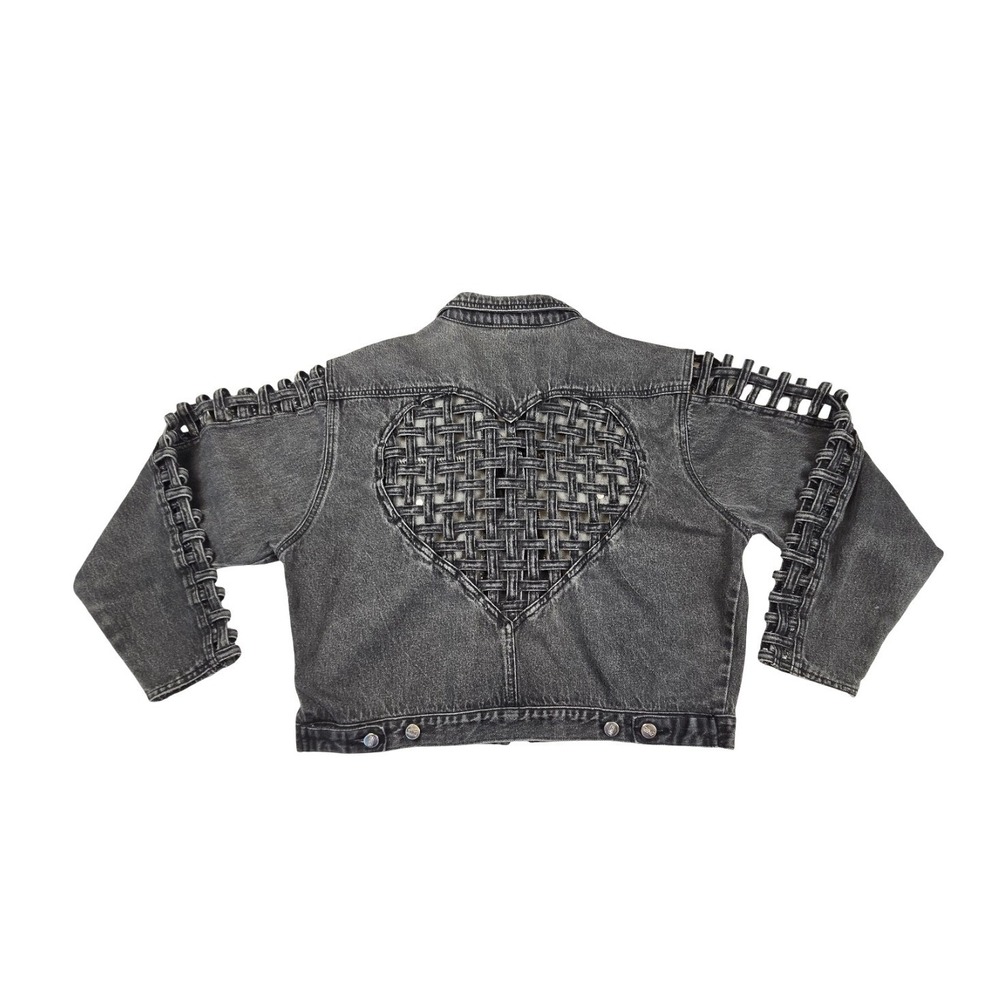 Stefano International Vintage 80s Gray Denim Jacket Heart Lattice Cutout Weave L